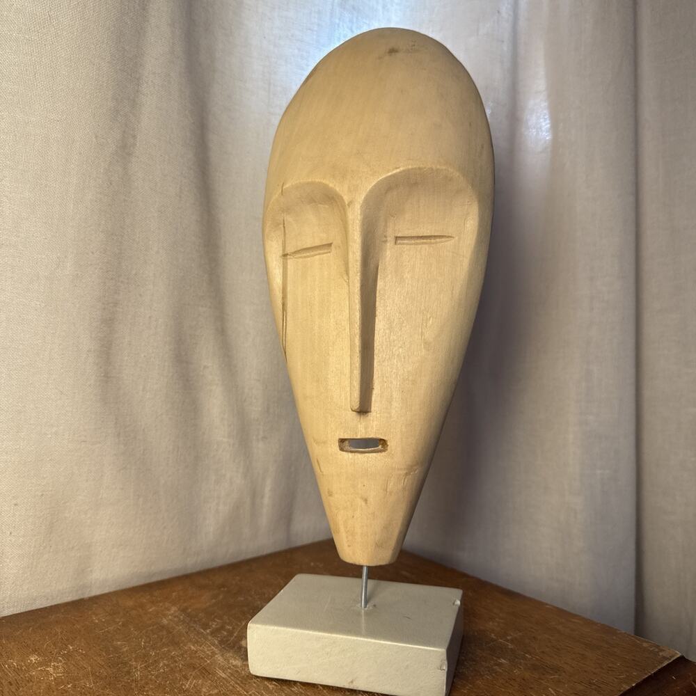 Vtg Hand Carved Wood Mask Head Mask Decor Stone Stand Art Sculpture Statue 14” - Picture 16 of 16